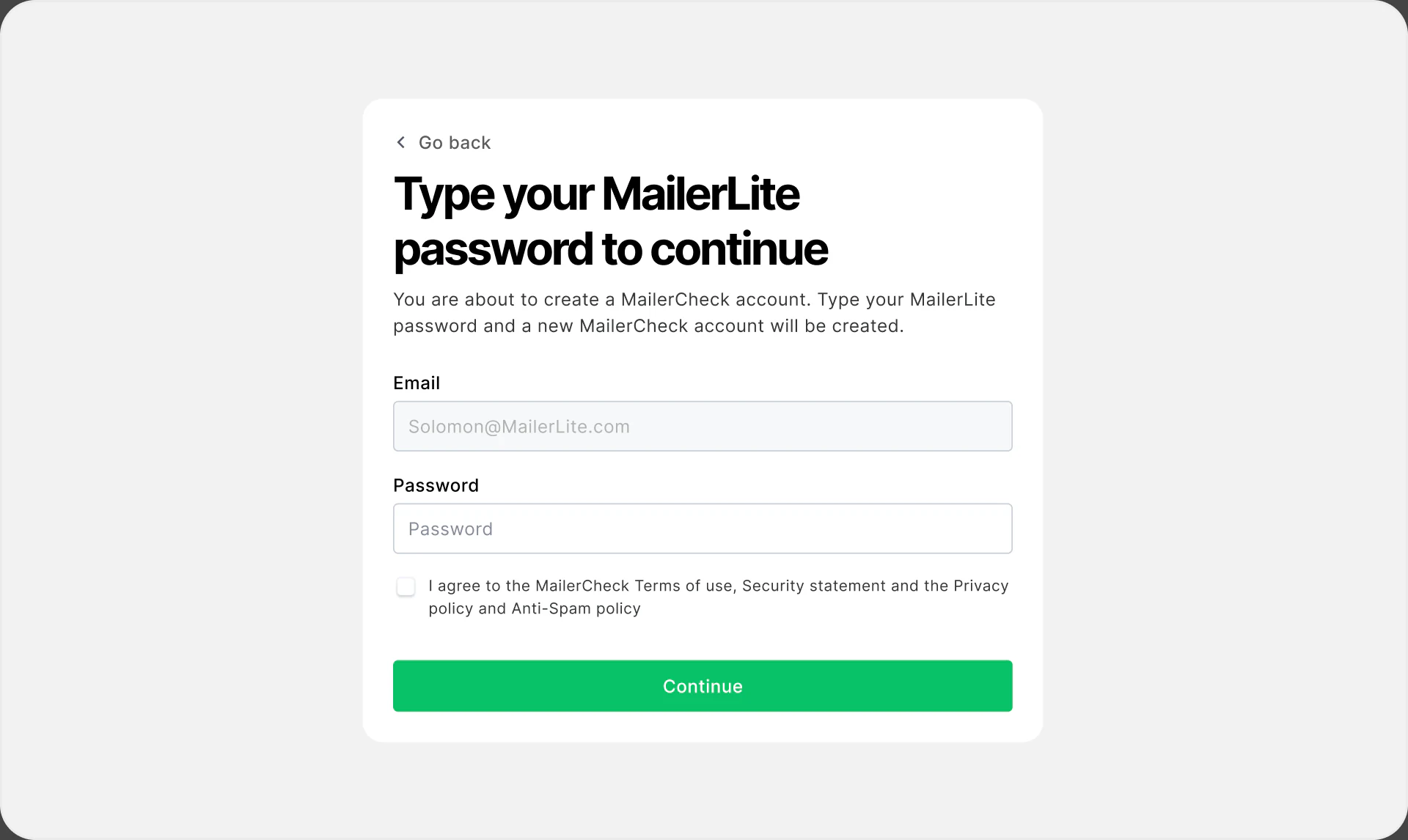 Password confirmation screen for creating a connected MailerCheck account.