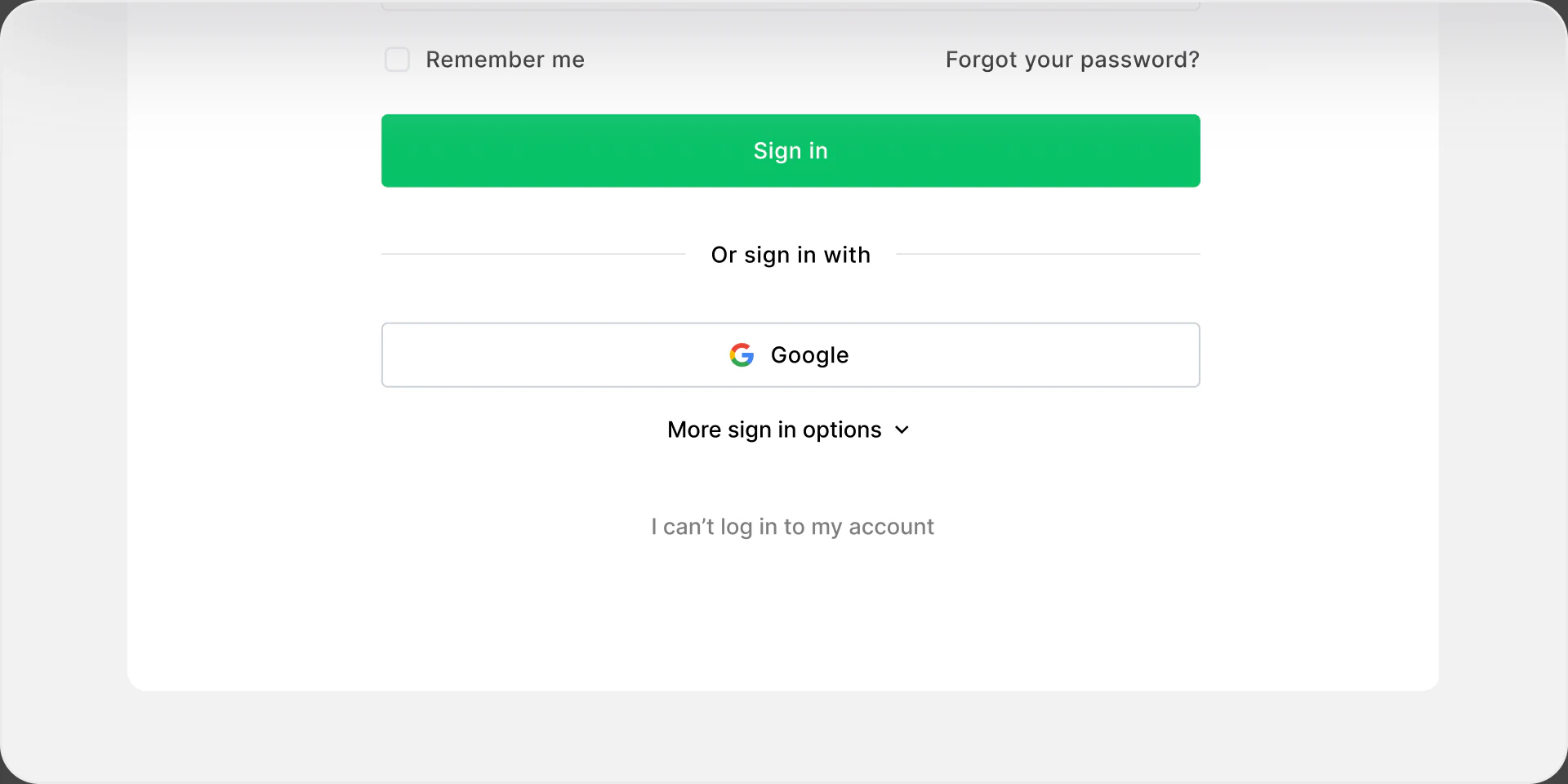 A compact MailerLite sign-in screen with visible authentication choices.