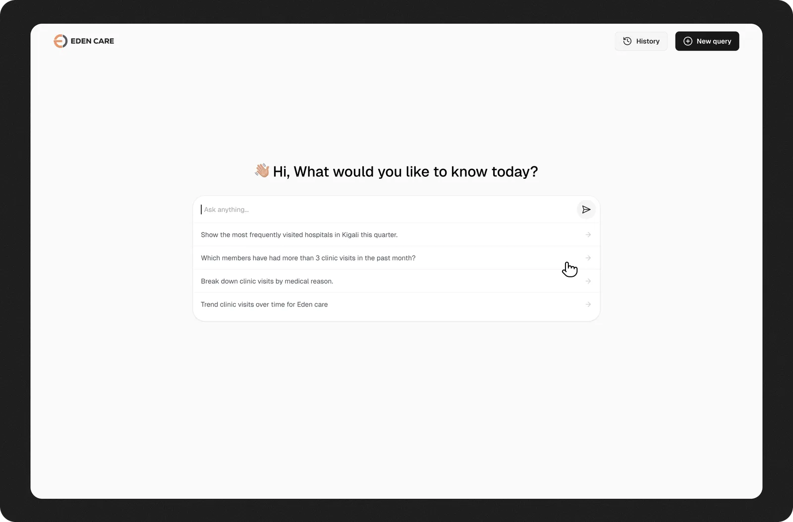 EdenCare prototype with a natural-language question input.