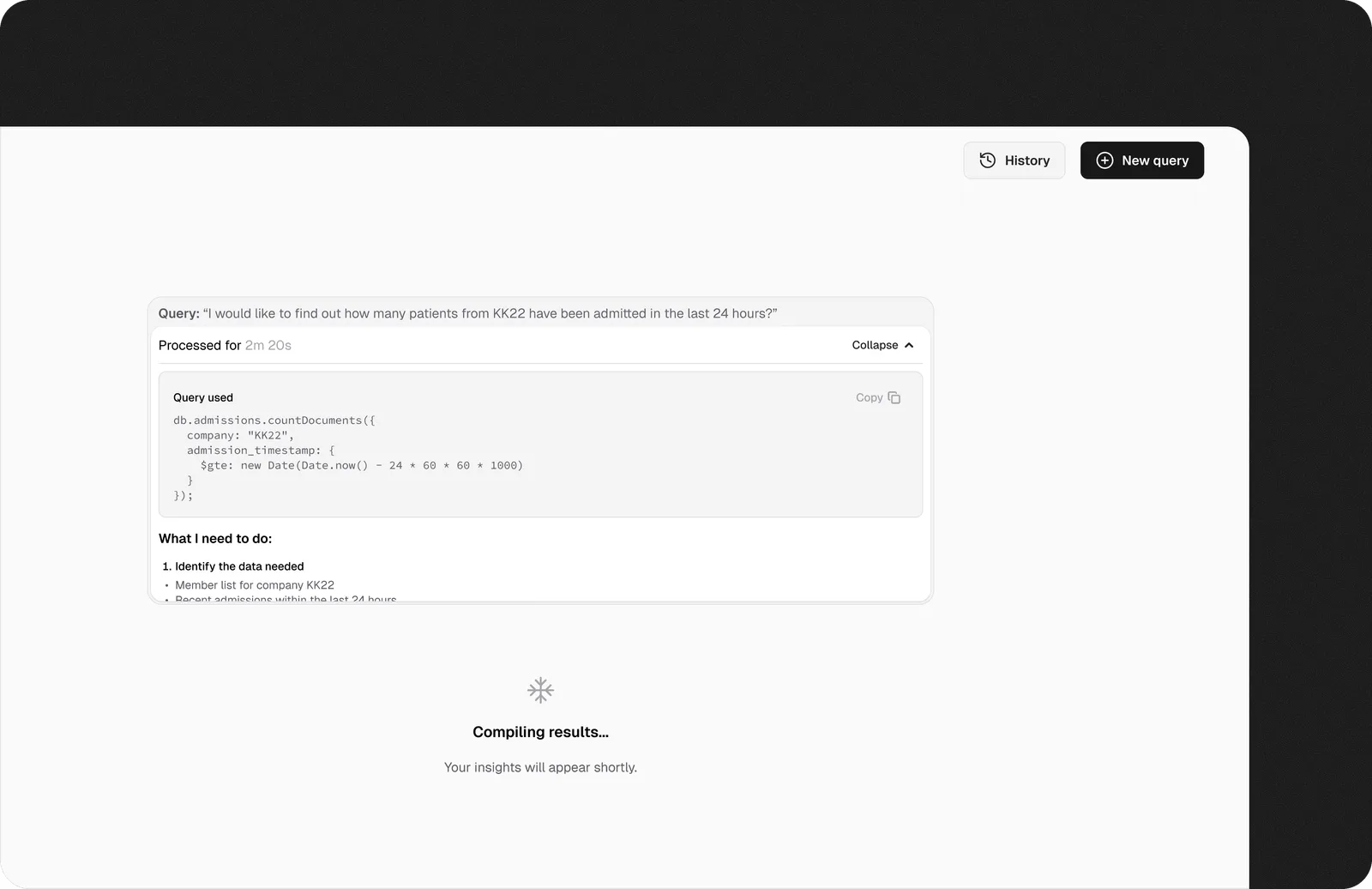 EdenCare prototype showing question interpretation and a database query.