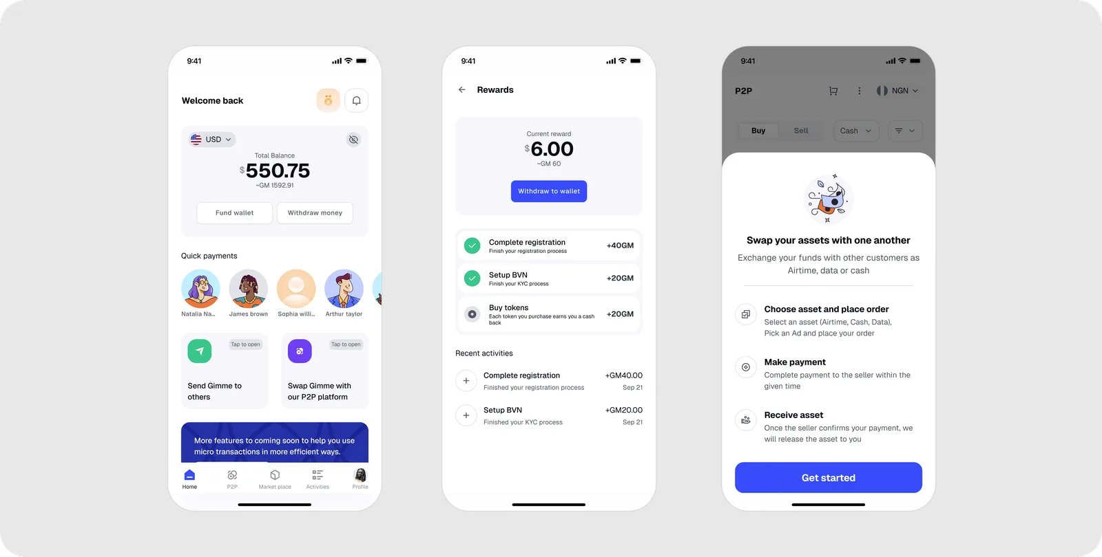Gimme consumer app screens arranged as an interface overview.