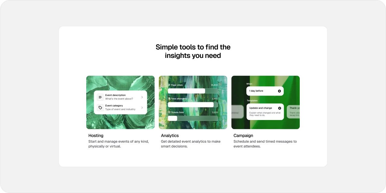 Teeket landing-page cards introducing hosting, analytics, and campaign tools.