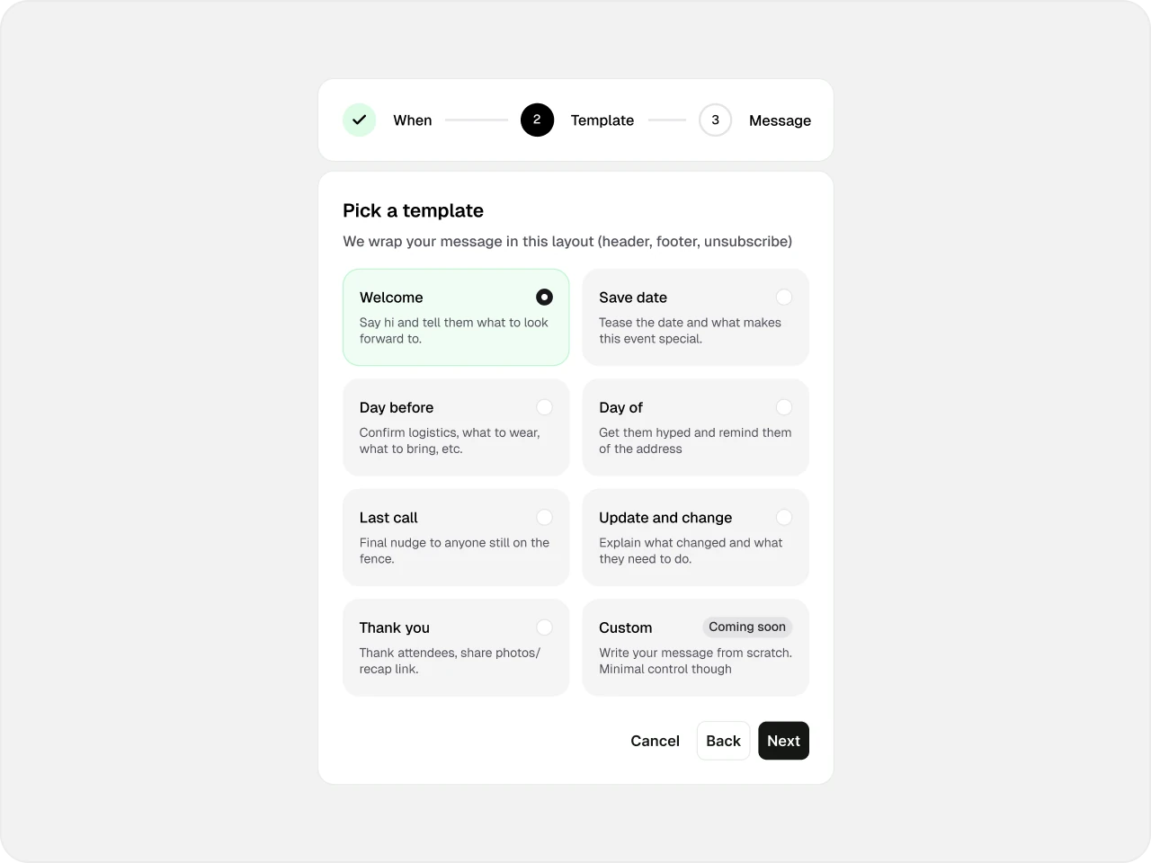 Template selection screen with predefined messages for welcome, save the date, day before, day of, last call, updates, and thanks.