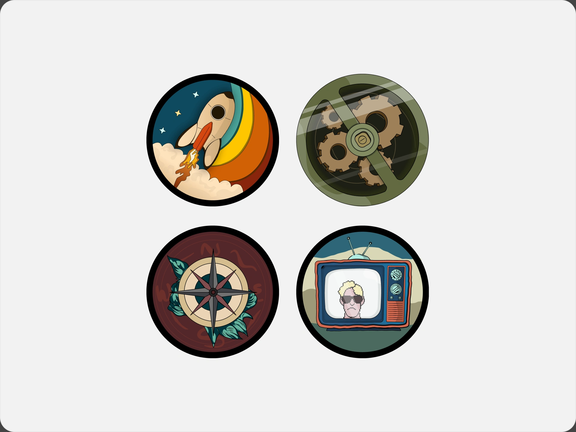 Illustrated achievement badges.