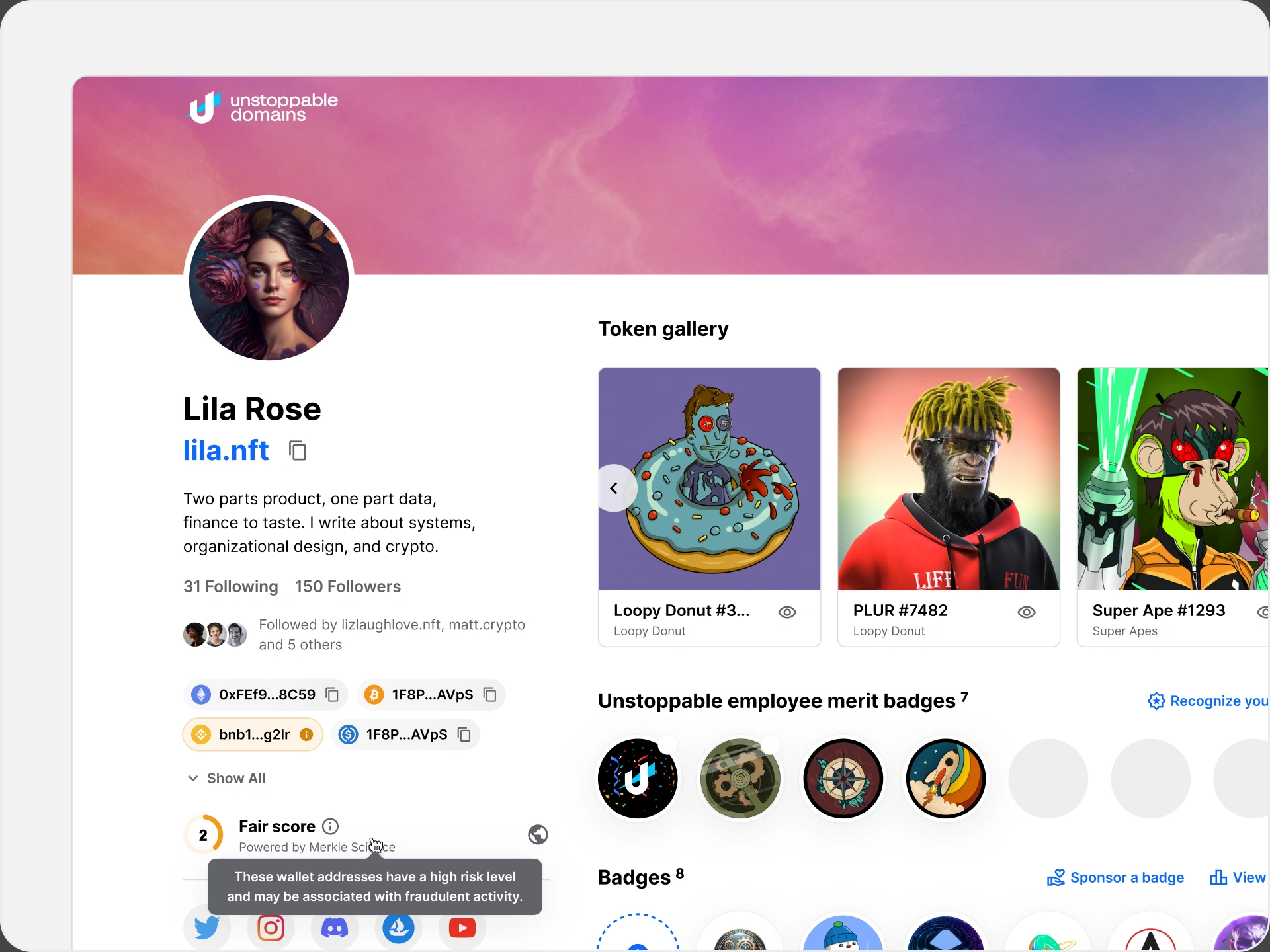 Profile design bringing wallet identity, collections, and achievements together.